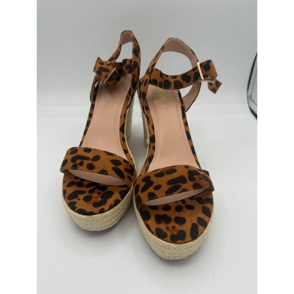 VICKI! Womens Leopard Print Espadrille Wedge Sandals Platform Ankle Strap Brown
